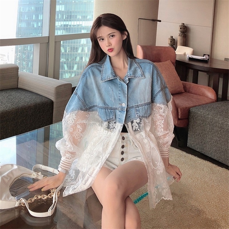 New Summer Long Sleeve Large Size Jeans Jackets Women's Coat Loose Lace Stitching Perspective top Jacket Ladies denim coat 201126