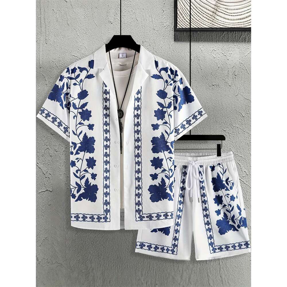 Lanjia- 2025 Casual Trendy Fashion Travel Summer Men's Cuban Collar Shirt Short Sleeve Shorts Set 0Da8f