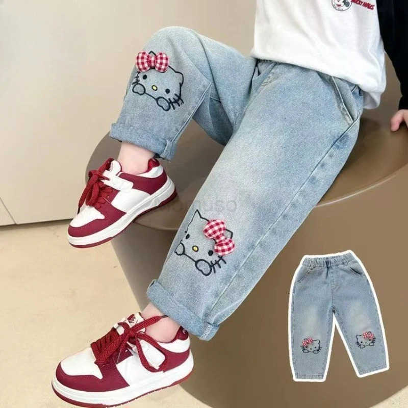 Sanrio Autumn Kawaii Hello Kitty Cute Cartoon Children Jeans Student Comfortable Warm Pants Loose Pants Birthday Gift for Kids L250925