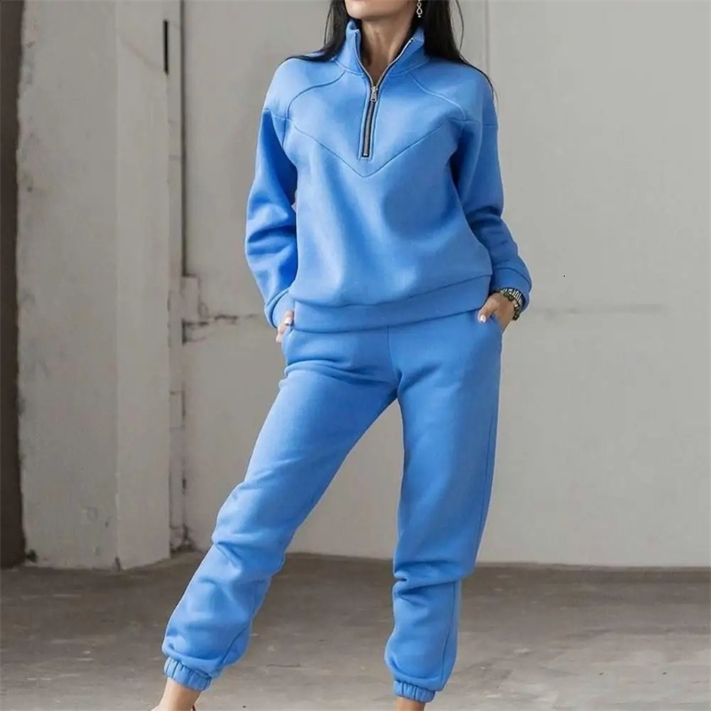 2 Pcs/Set Tracksuit Women Sweatshirt Pants Set Loose Long Sleeve Solid Color Warm Elastic Waist Tracksuit ensemble jogging femme 240809