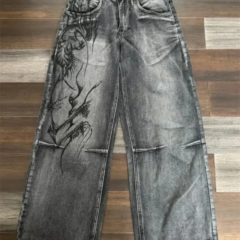 Y2K American Harajuku Retro Print Jeans Women Washed Gray Straight Pants Street Gothic Loose Casual Unisex Pants 240810