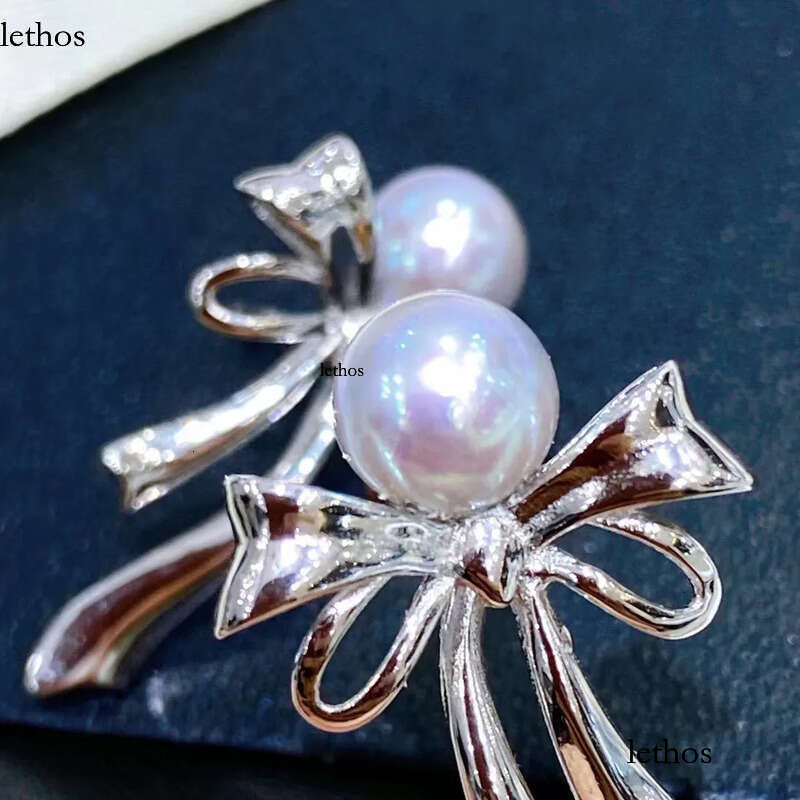 22090711 Diabox -Jewelry earrings ear studs blue PEARL sterling sier bow knot ribbon akoya 6.5-7 mm round pendant charm gift idea girl b2