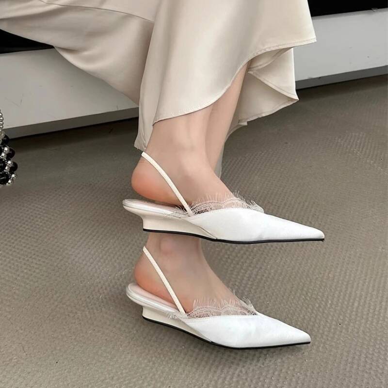 Female 2025 Summer Mules Women's Fashion Lace Trimmed Dress Sandals Pointed Toe Slip on Shoes Women Zapatos ddmysaturn