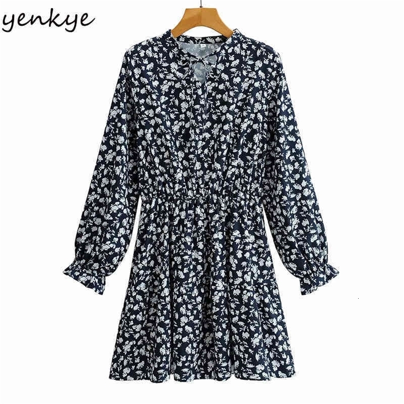 YENKYE Vintage Floral Print Dress Women Lace Up V Neck Long Sleeve Elastic Waist A-line Casual Dress Plus Size Summer Vestido 210515