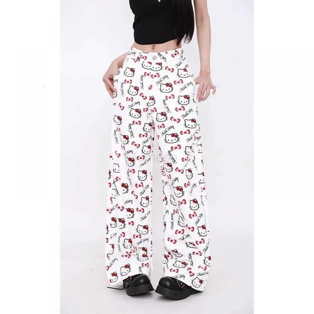 Sanrio Anime Jeans Y2K Hello Kitty Cartoon Comfort Loose Wide Leg Pants Cute American Retro Straight Leg Pants Sweet Girls Gift L250925