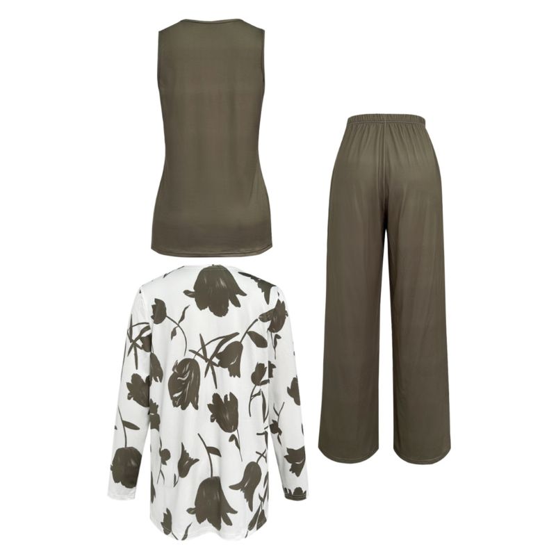 omen's Autumn Winter French - Style 3 - Piece Set: Floral Printed Cardigan + Tank Top + Wide - Leg Pants, Milk Silk Casual Commute Outfit-CF55025