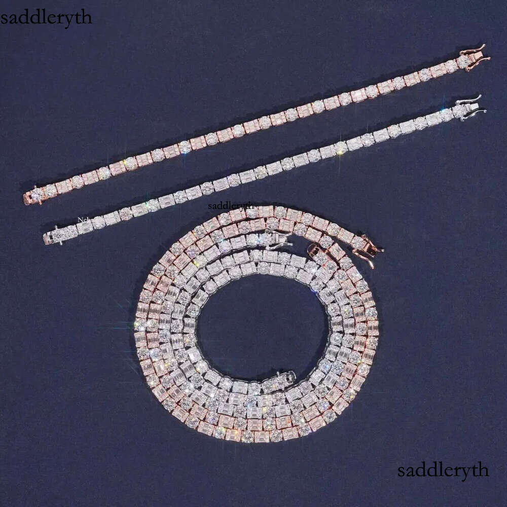 Iced Out Baguette Dia Sier Men Women Choker Trendy Moissanite Tennis Chain Necklace6mm