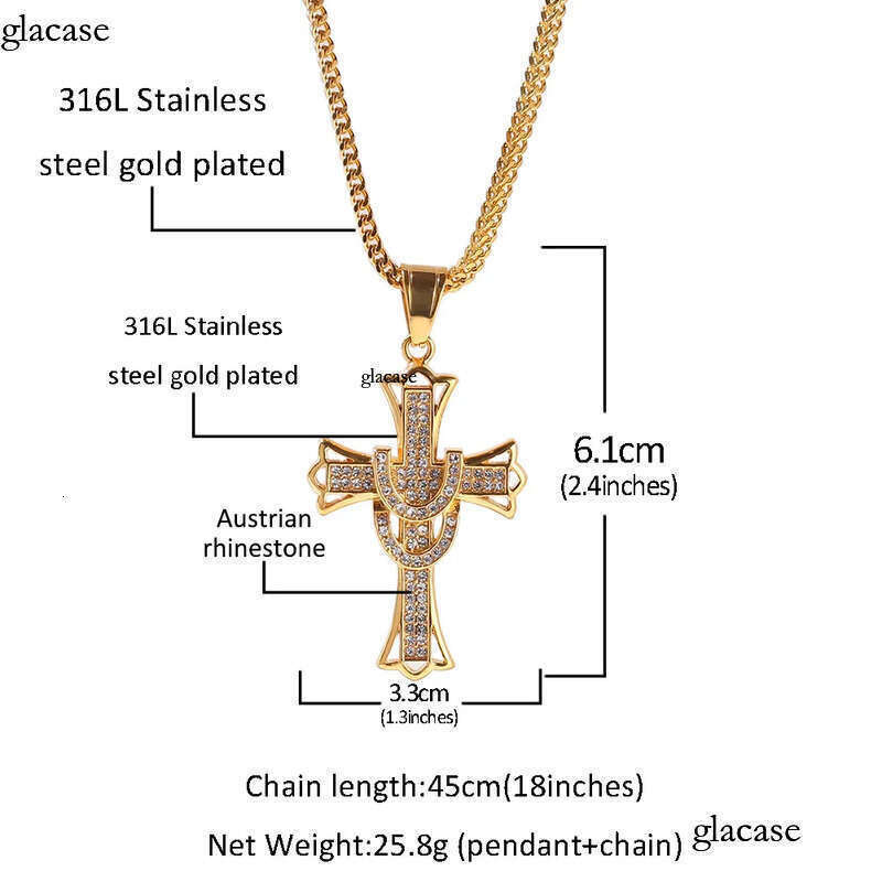 Shining Cross Pendants Necklace Stainless Steel Real Gold Plated Men Gift Religious Jewelry