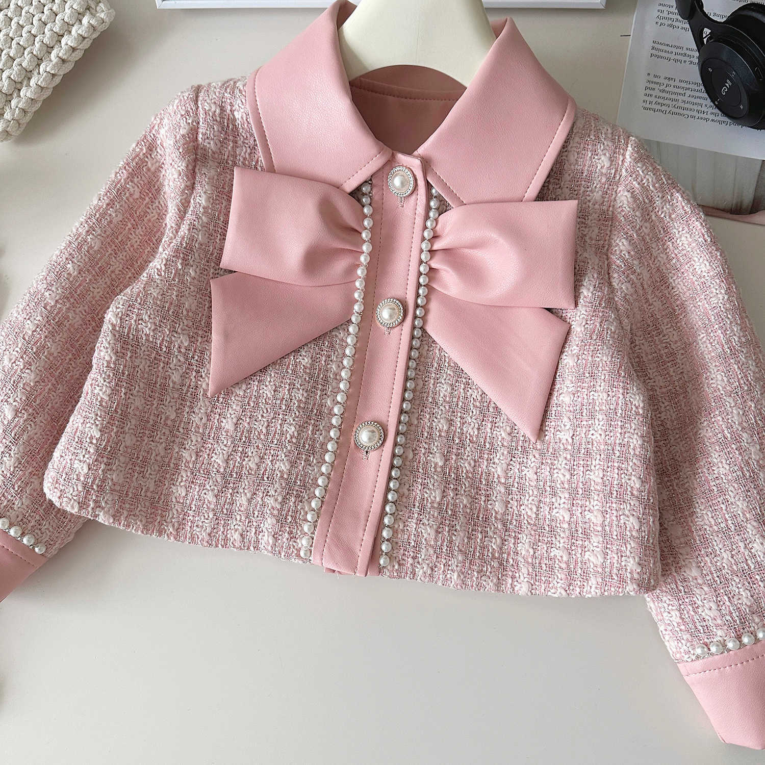 New children's dress set - autumn style - little girl's chic pink coat, short dress and skirt in French high-end two-piece set