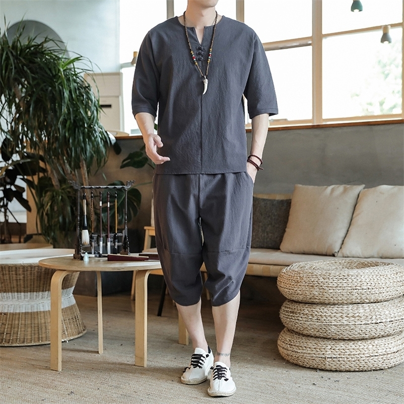 Men's T-Shirts Arrival Summer Men's Cotton and Linen Short Sleeve T-shirtCalf-Length Pant Set Solid ShirtTrousers Home Suit Male M-5XL 23031