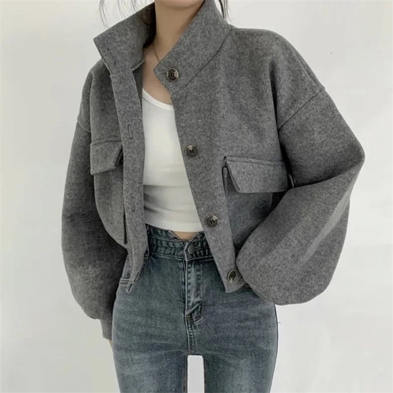 Female Autumn Winter Woolen Cloth Jacket Woman Fashion Button Short Coats Solid Women Streetwear 241220