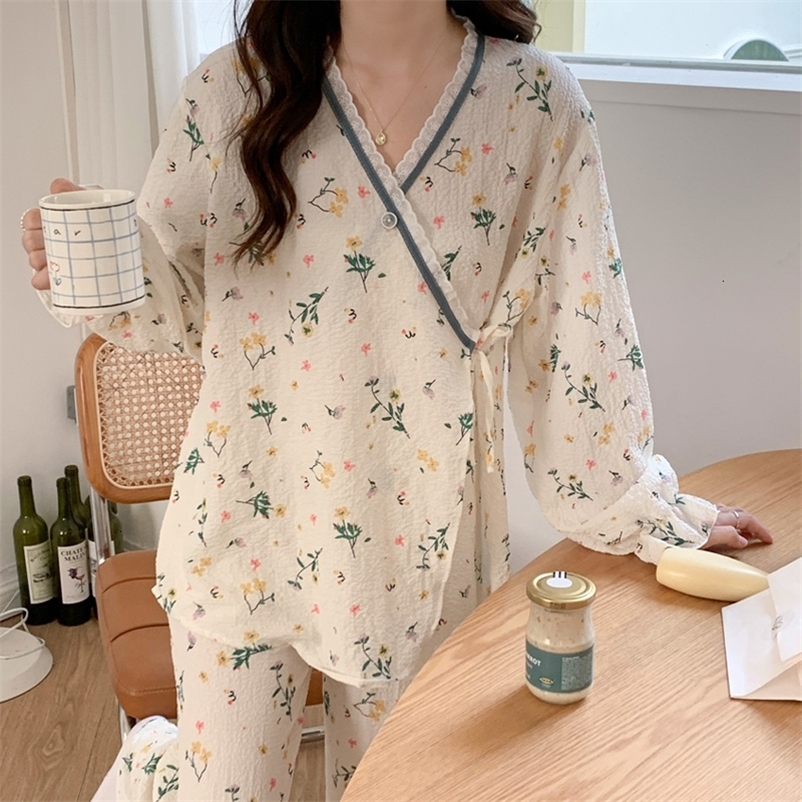 Women's Sleepwear Floral Printed Ladies Kimono Style Pajamas Set Loose Thin V-Neck Long Sleeves Gauze Cotton 2Pcs Sleepwear Loose Homewear 230321