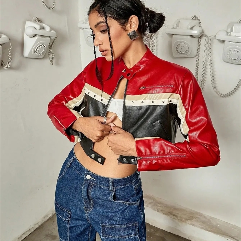 Women Jacket Fashion Punk Bikercor Colorblock Zipper Studded Detail Crop PU Leather Moto Jacket Y2K Short Outerwear for Female 250118