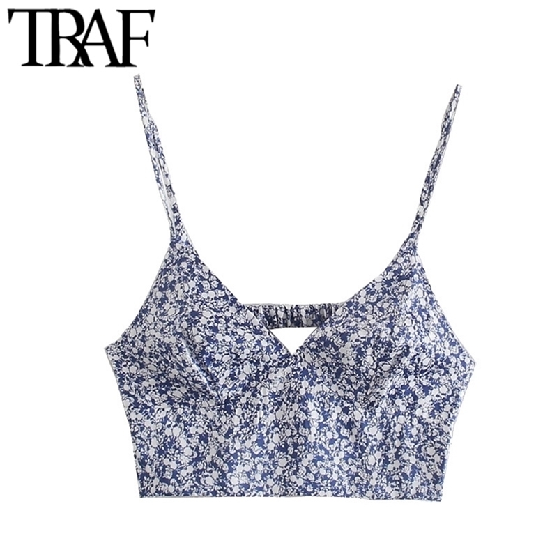 TRAF Women Fashion Floral Print Cropped Tank Tops Vintage Backless Waist Side Zipper Thin Straps Female Camis Mujer 210625