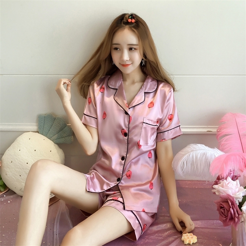 Women's Sleepwear Short Sleeve Silk Pajamas Set Cute Flowers Print Sleepwear Summer Saft 4XL 5XL Spring Women Nightwear Casual Home Clother 23031