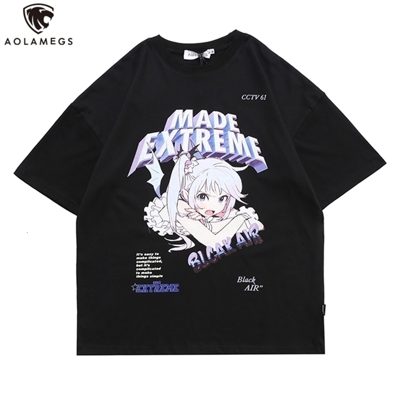 Aolamegs T Shirt Men Cartoon Anime Manga Girl Printed Mens Tee Shirts Summer Loose Cozy Japanese Harajuku Couple Streetwear men 210329