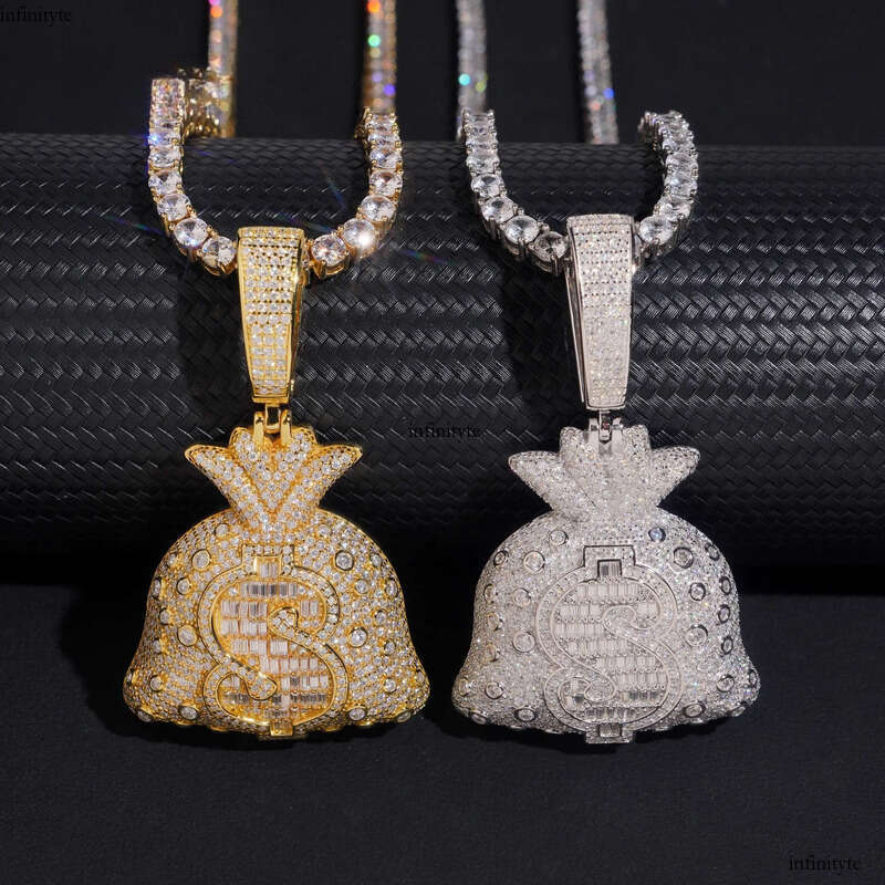 Solid Back Hip Hop Jewelry Money Bag Custom Iced Out Fashion Sier VVS Moissanite Baguette Dia Wealthy Pendant aaa