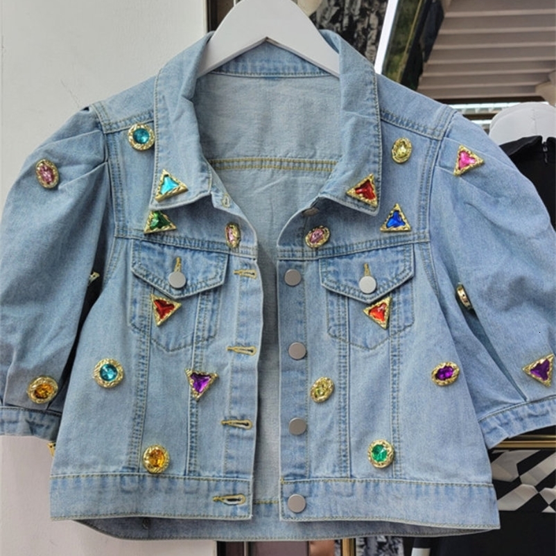 Women's Jackets Casual Puff Sleeve Rhinestones Short Denim Coats for Women Spring and Summer Loose Diamonds Crop Jean Jackets Female 230427