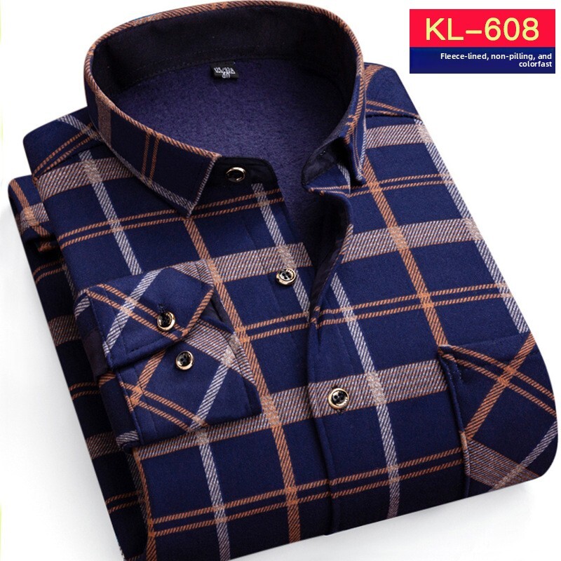 Autumn Winter Men's Fleece-Lined Non-Pilling Non-Fading Plaid Top Warm Middle-Aged Shirt