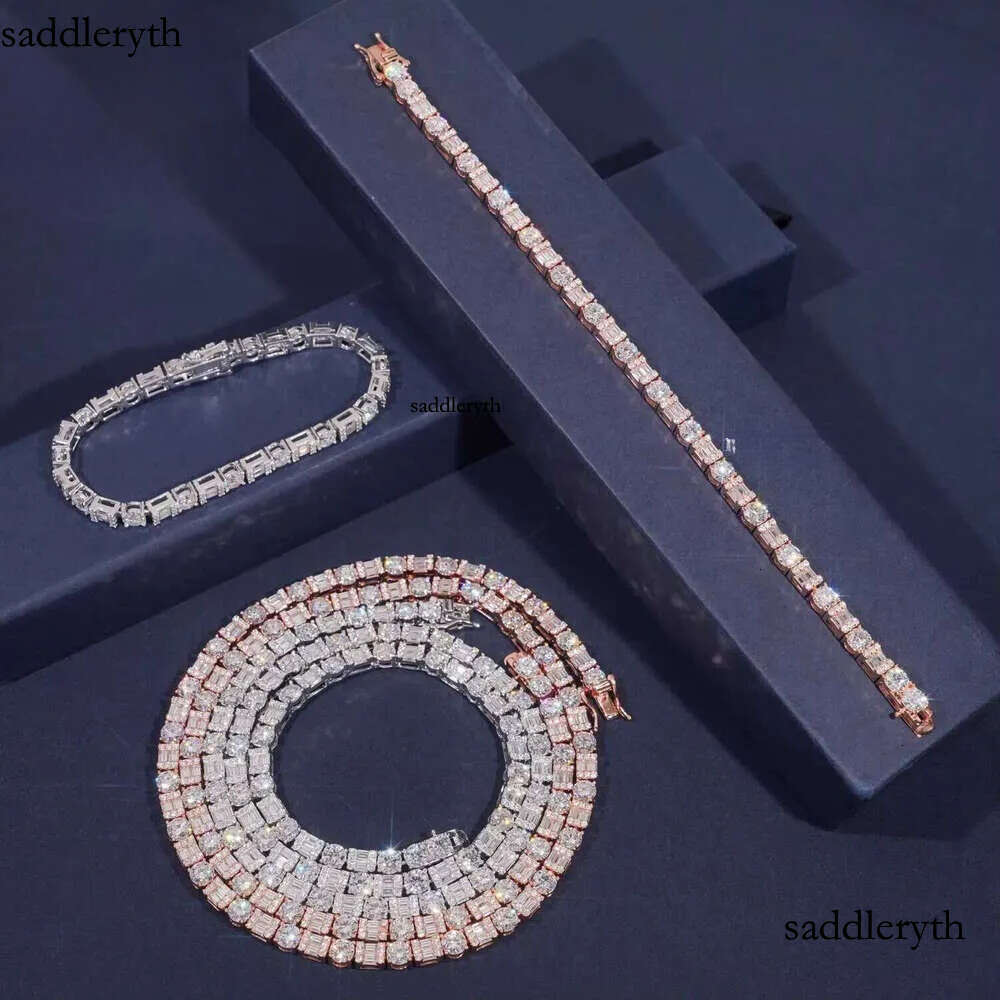 Iced Out Baguette Dia Sier Men Women Choker Trendy Moissanite Tennis Chain Necklace6mm