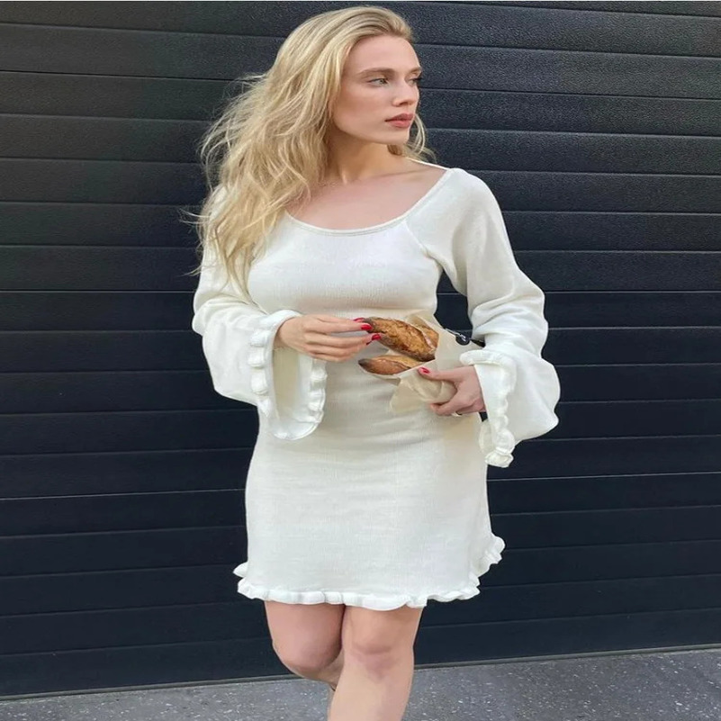 Taruxy Sexy Backless Knitted Mini Womens Lace Long Sleeve Solid Short Dress Club High Waist Dress Womens 250415