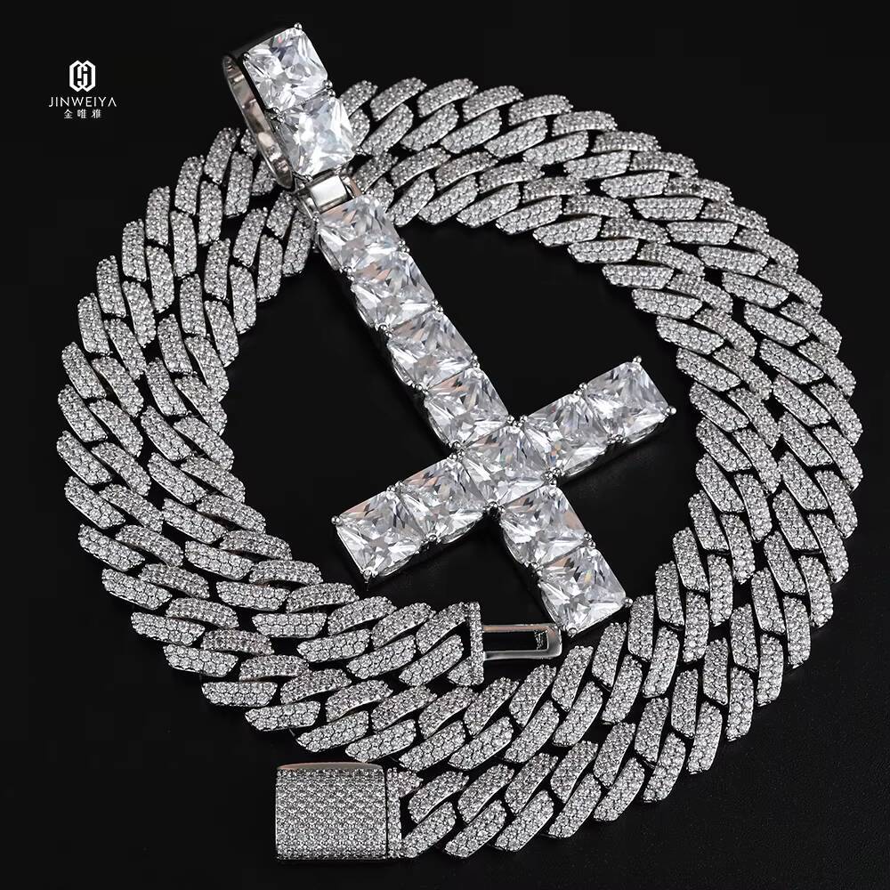 JWY Customized Trend Gold Plated Cross Pendant Necklace Icy Moissanite Link Chain for Men and Women Tennis Cross Pendant Style