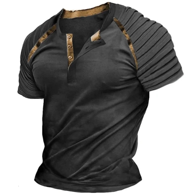 Casual Henley Shirt Fashion Raglan T Shirt Plain Slim Pleated Henley Daily Short Sleeve Patchwork Pleats Clothing Apparel 240530
