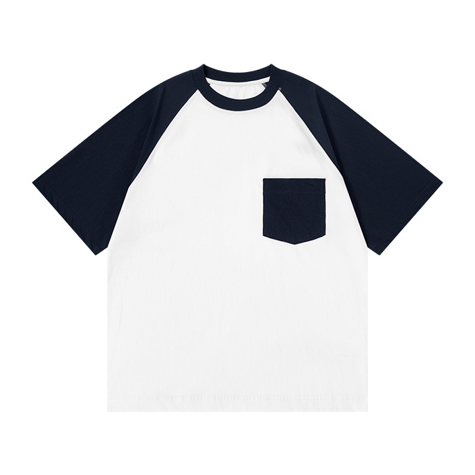 Summer New Japanese-Style 230g Ice-Feel Cotton T-Shirt - Men's Short-Sleeve with Pocket, Color-Block Raglan Sleeve, Unisex Undershirt -78Z