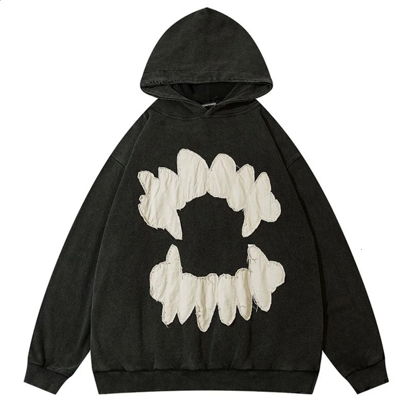 Vintage Mens Hoodie Sweatshirt Y2K Grunge Hip Hop Ripped Embroidery Teeth Patch Hooded Streetwear Harajuku Punk Gothic Pullover 240911