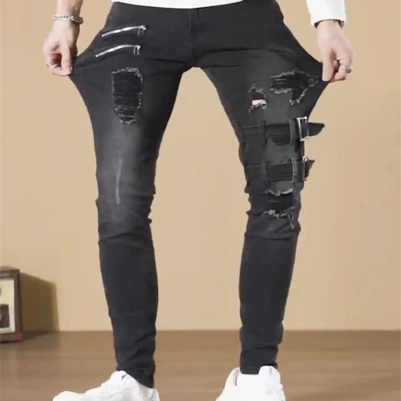 Streetwear Black Ripped Skinny Jeans Men Fashion Slim Hip Hop Denim Trousers Spring Casual Jeans for Men Jogging Jean Homme 240319