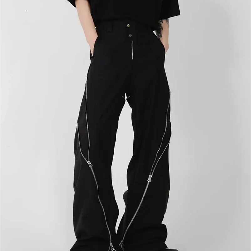 American Trend Mens Black Zipper Slit Slightly Flat Pants Vertical Feeling Straight Casual Pants Retro Trousers 241112