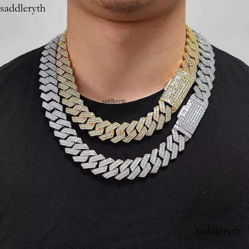 Hip Hop Jewelry Necklace Iced Out CZ Cubic Zirconia 20mm Baguette Miami Cuban Chain in Gold