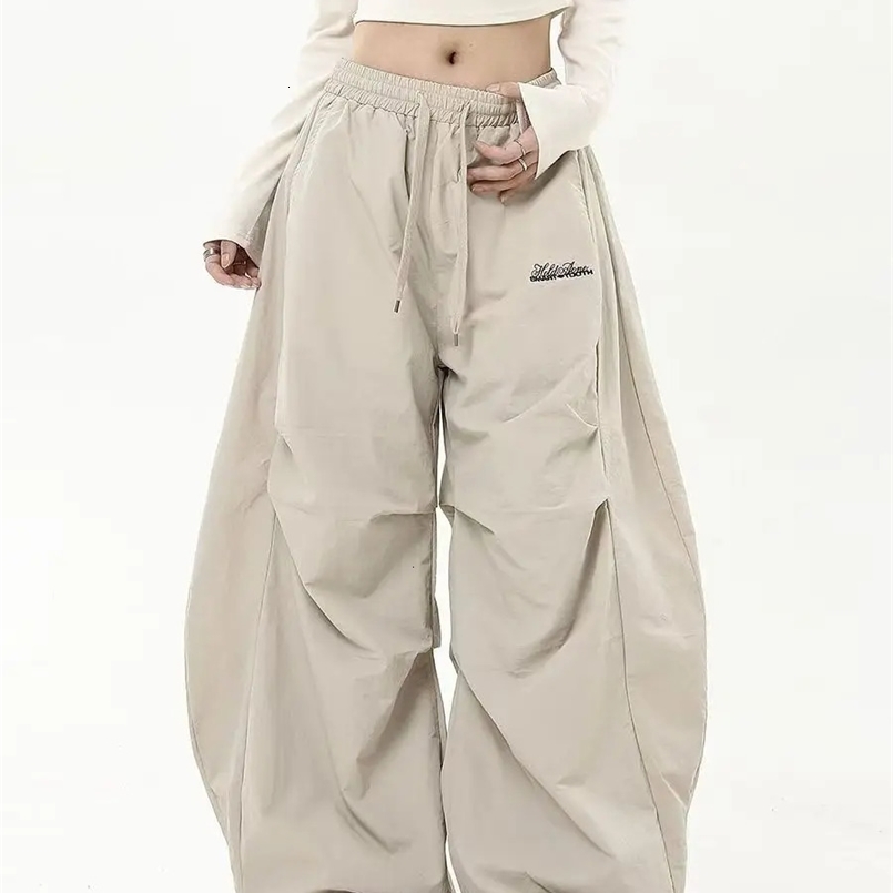 Retro Matching Oversize Womens Wide Leg Pant Low Waist Drawstring Lady Cargo Pants Y2K Hip Hop Streetwear Casual Chic Sweatpant 250304