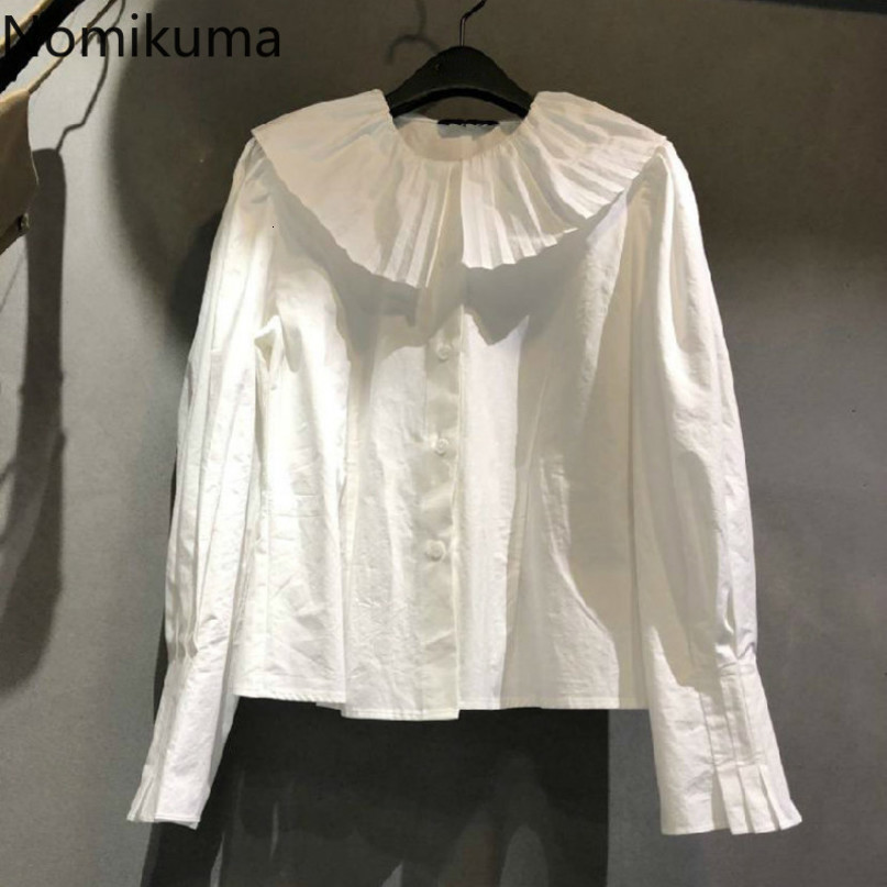 Nomikuma Korean Pleated Peter Pan Collar Women Shirts Flare Long Sleeve Causal Blouse Autumn Winter New Blusas Mujer 6D152 210427