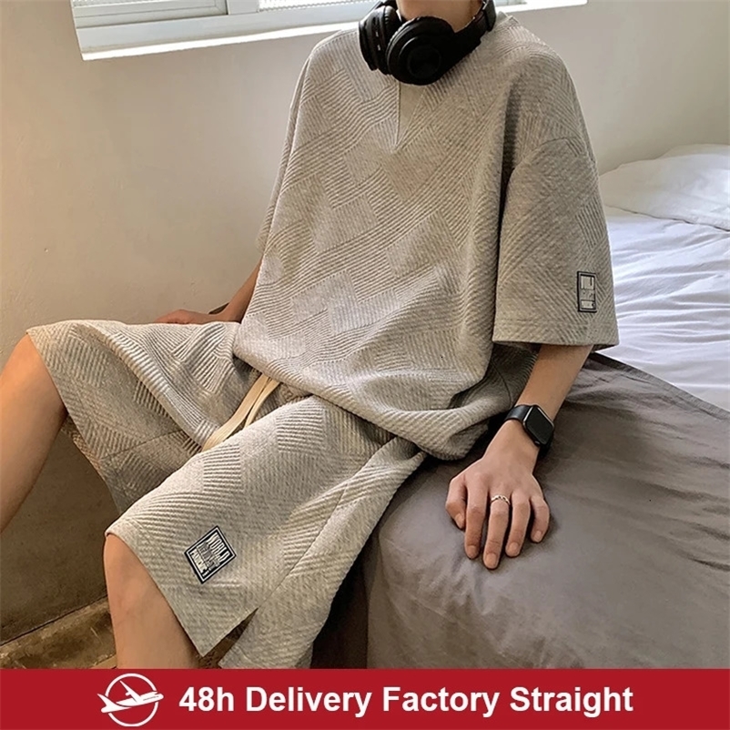 Summer Men's Tracksuit Waffle Fabric Breathable Casual T-Shirt and Shorts Fashion Half Sleeve Two Piece Set for Unisex 240106