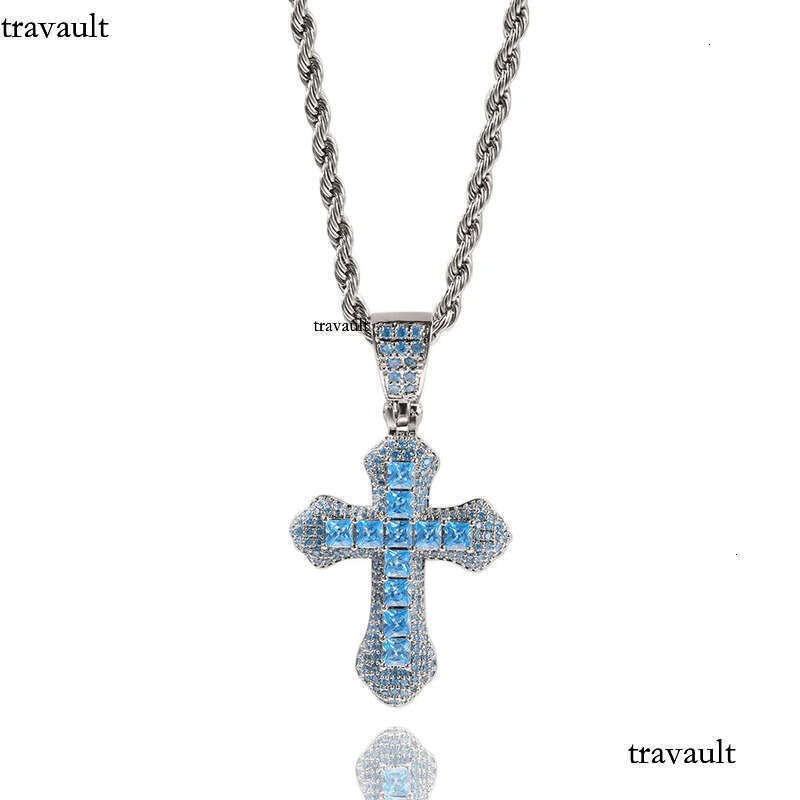 Blue Red Zircon Cross Fashion Mens Gold Necklace Hip Hop Iced Out Pendant Necklaces Jewelry