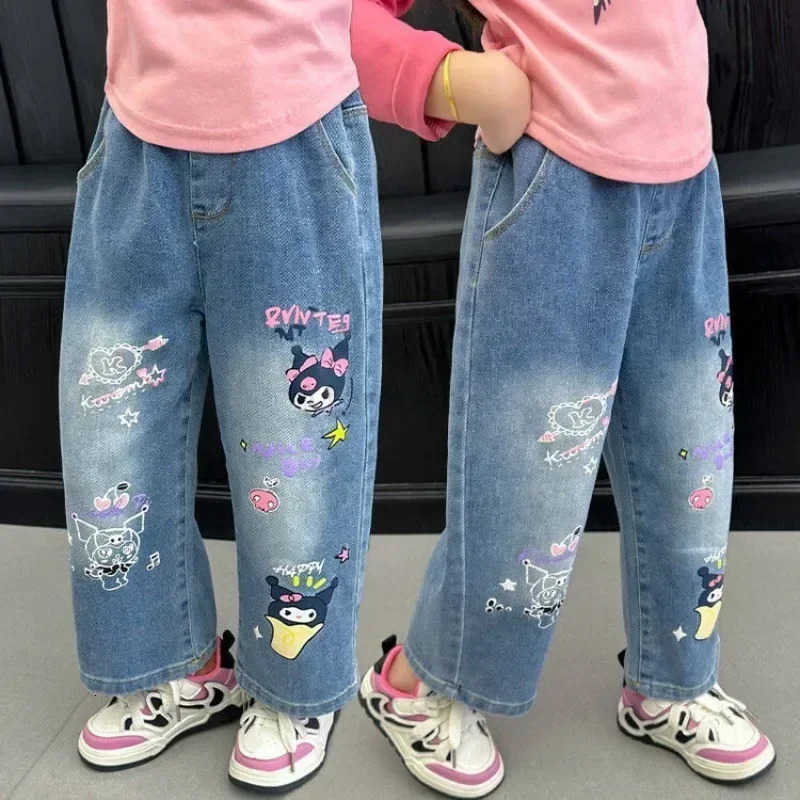 Sanrio New Girls Jeans Kuromi Kids Cartoon Thin Casual Trousers Loose Cute Trousers Anime Peripheral Holiday Gifts L250925