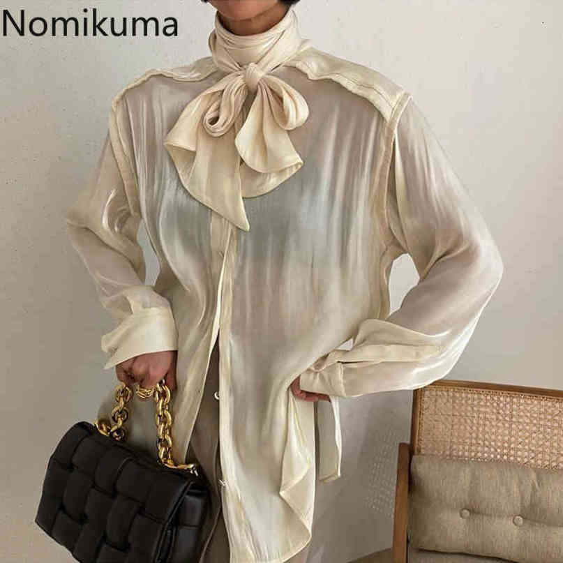 Nomikuma Sexy See Through Women Shirt Korean Bow Bandage Collar Top Blusas Spring New Long Sleeve Causal Blouse Mujer 6D895 210427