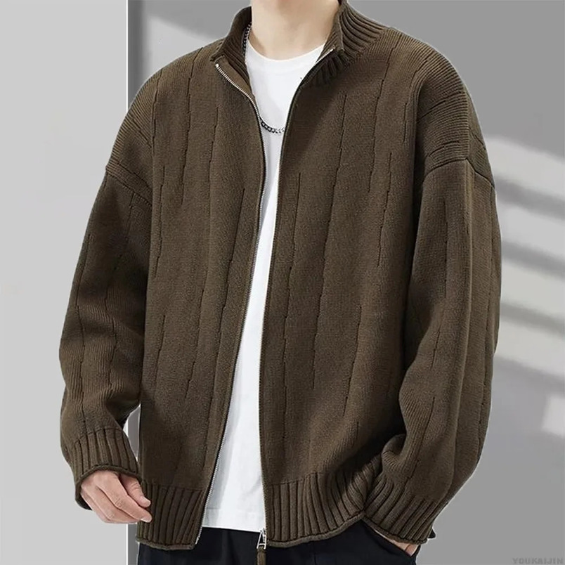 Mens cardigan sweater spring summer Korean style full zipper vertical collar casual knitted sweater mens trend top 240930