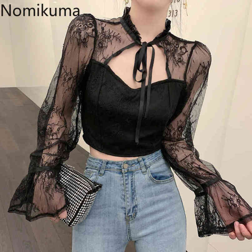 Nomikuma Korean Perspective Patchwork Lace Shirt Korean Bow Tie Stand Neck Flare Long Sleeve Blouse Spring New Blusas 6D730 210427