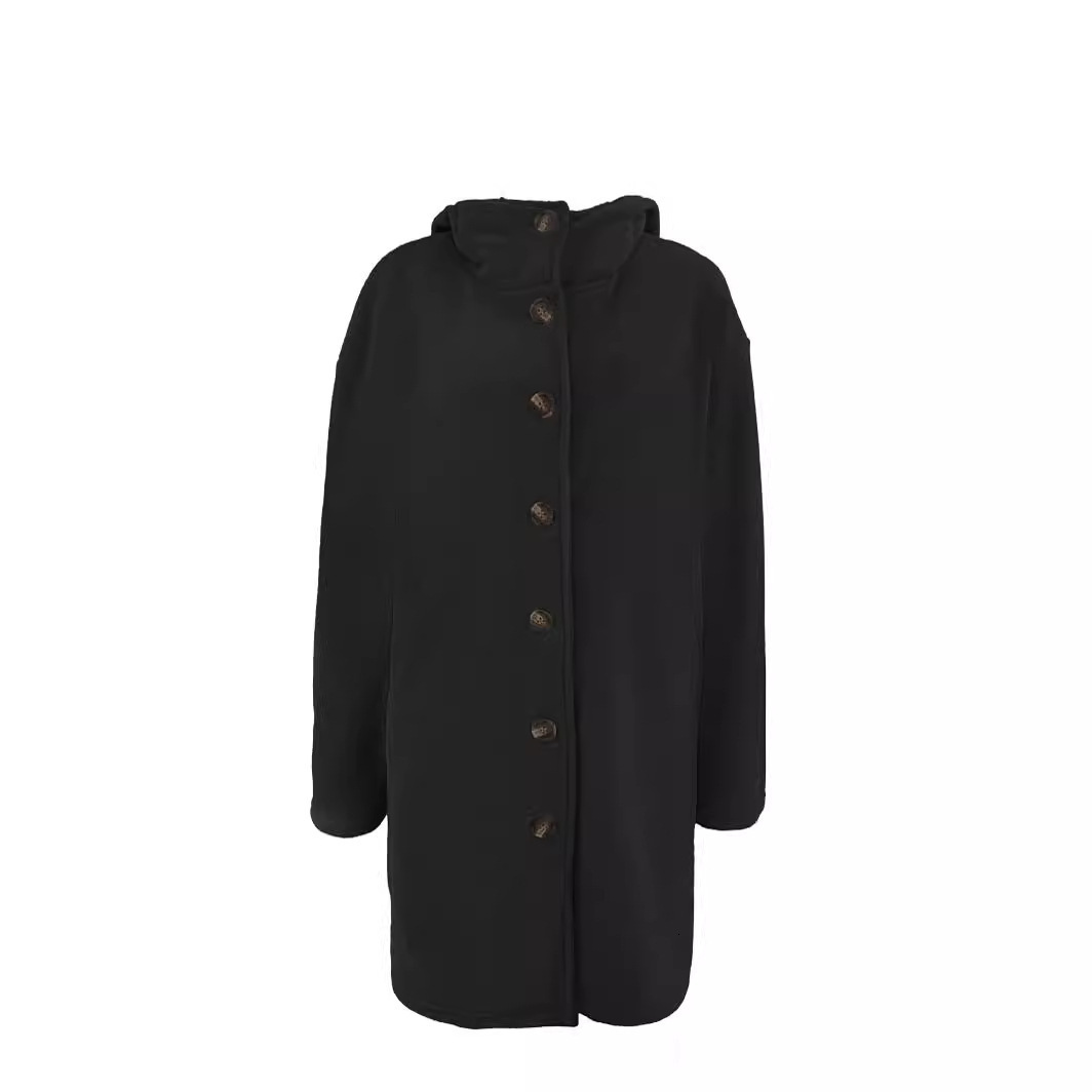 Autumn Winter Women's Sleeve Long Hooded Woolen Casual Loose Coat