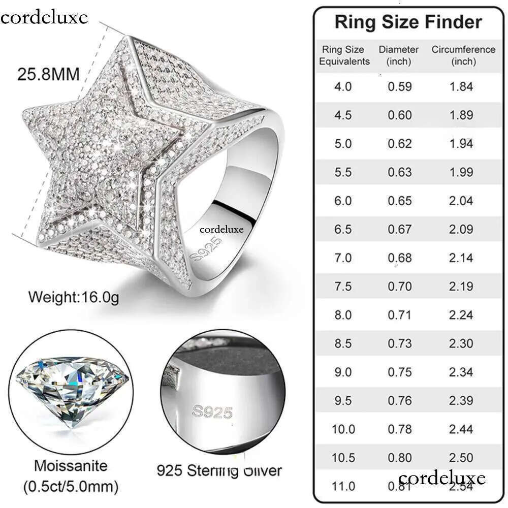 VVS Moissanite Dia Star Ring With GRA CertificateHiphop Men Women Fine Jewelry Iced Out Gold Plated Sterg Sier 4a