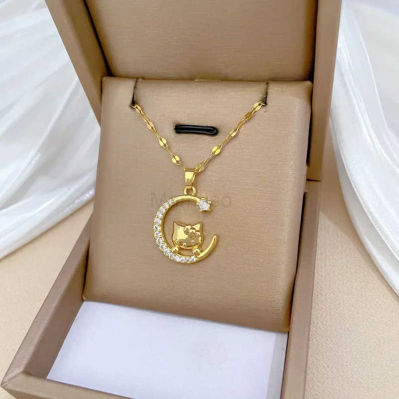 Sanrio Gold Color Hello Kitty with Moon Zircon Pendant Necklaces for Women Girls Stainless Steel Chain Accessories Jewelry Gifts L250925