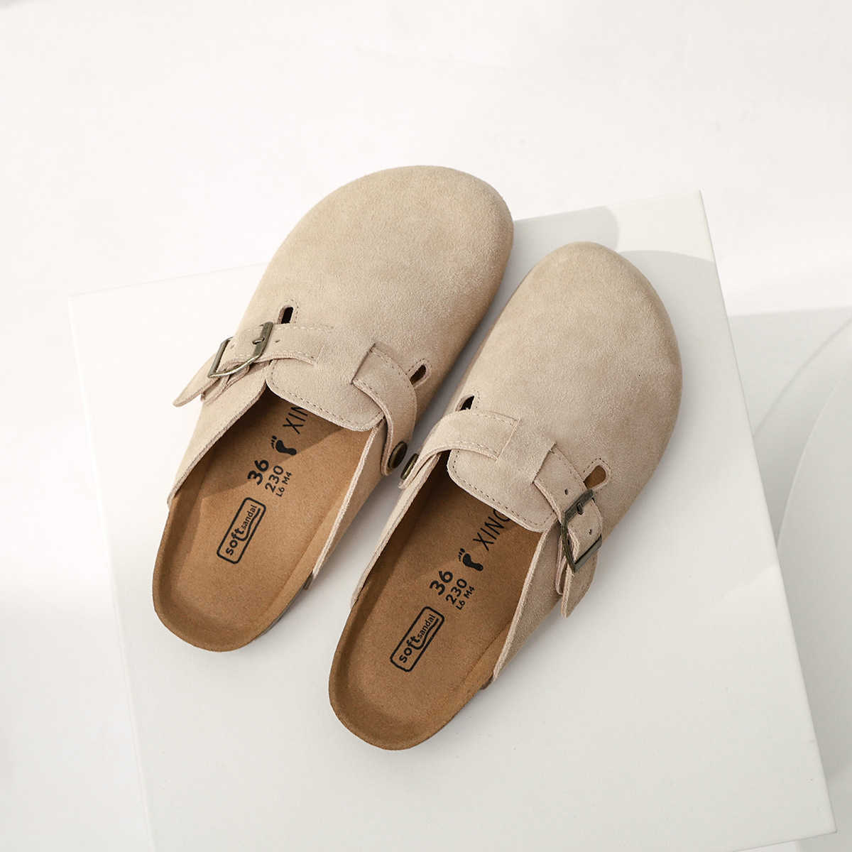 Leather cowhide Birkenstock women's shoes, cork heightening thick-soled slippers, flat-bottom fishing bag-top half-slippers, Japanese-style Birke