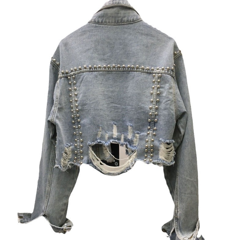 Spring Women Heavy Work Rivet Blue Short Denim Cardigan Jacket Loose Big Pocket Lapel Long Sleeve Female Jeans Jacket Coat 241223