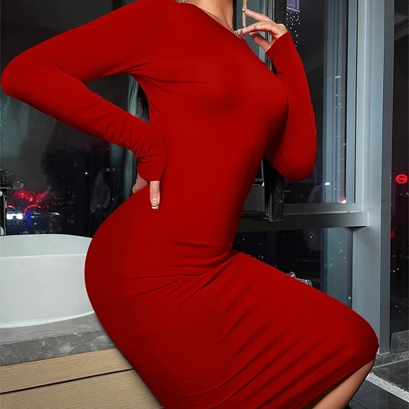 Tight Highly Elastic Womens Dress Fashion Solid Color Sexy Long Sleeved Womens Dress Wrapped Bobycon Midi Dress 250226