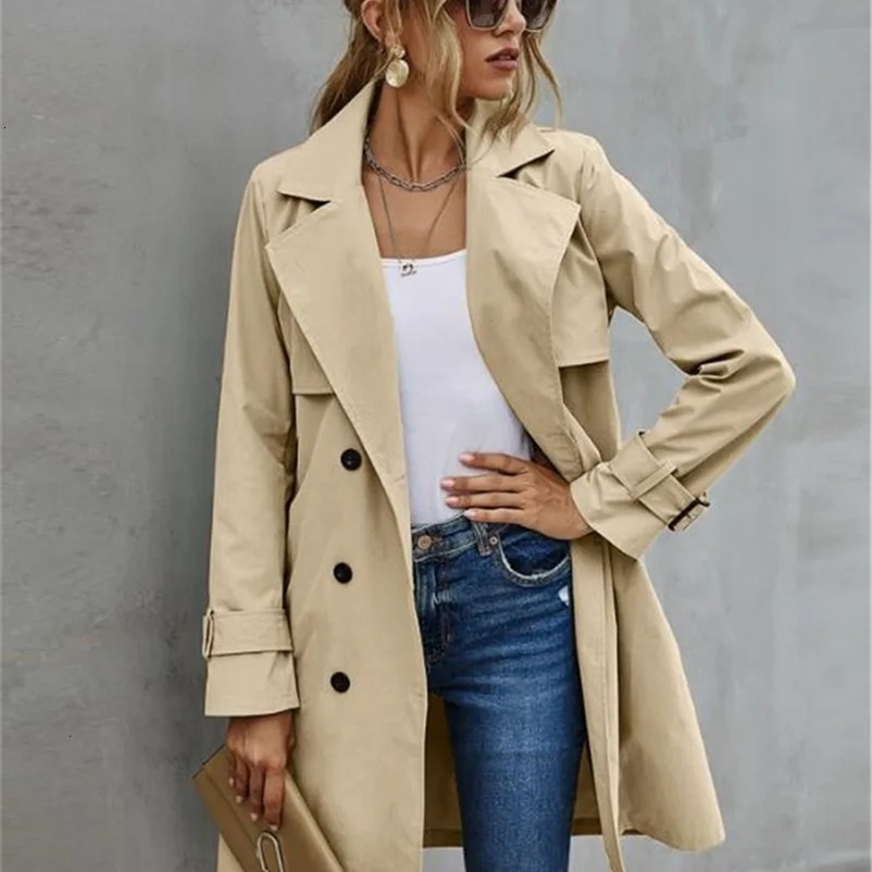 Fashion Women Trench Casual Solid Color Coat Adult Elagant Fashion Long Sleeve Lapel Neck Double Breasted Belted Coat For Female 240703