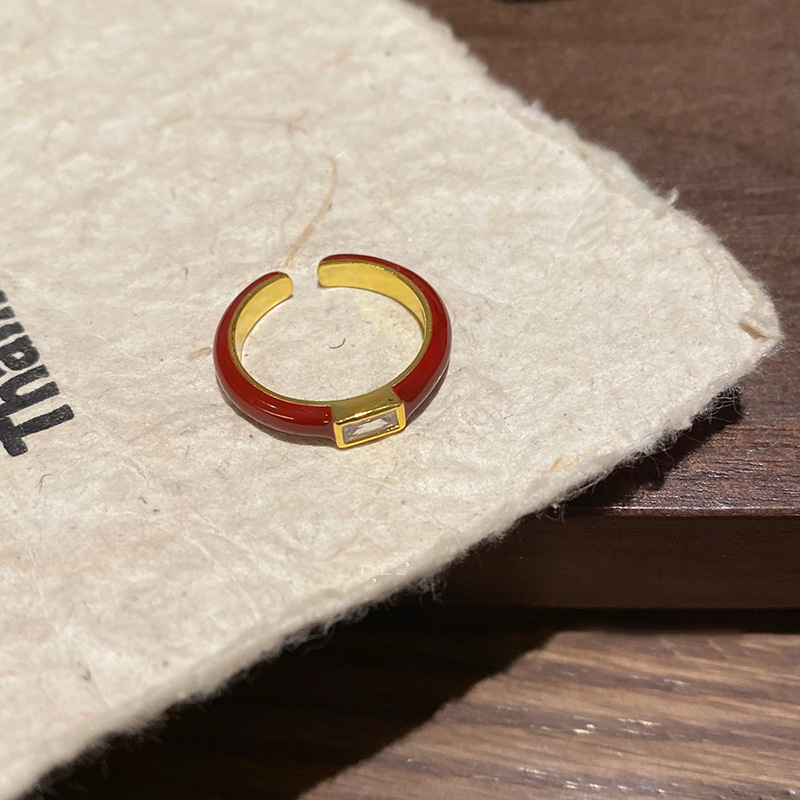 Gold - Toned Open Ring With Red Enamel & Small Rectangular Gemstone Delicate Daily & Elegant Jewelry Gift For Her High - Quality Stylish Accessory