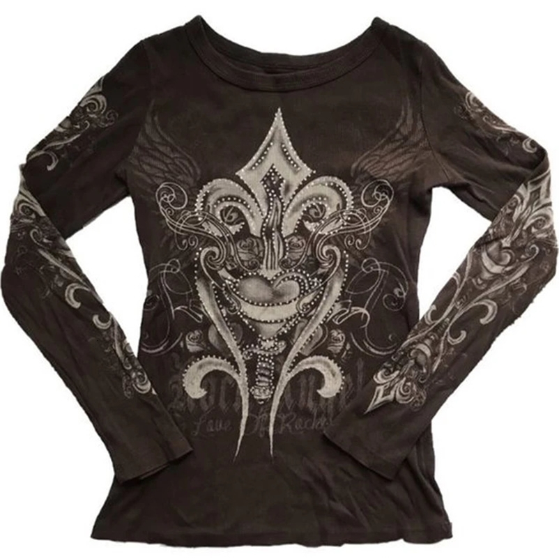 Y2K 2000s Vintage T -Shirt Indie Graphic Print Crop Top Autumn Aesthetic Women Clothes Long Sleeve Fairycore Grunge Streetwear 240409