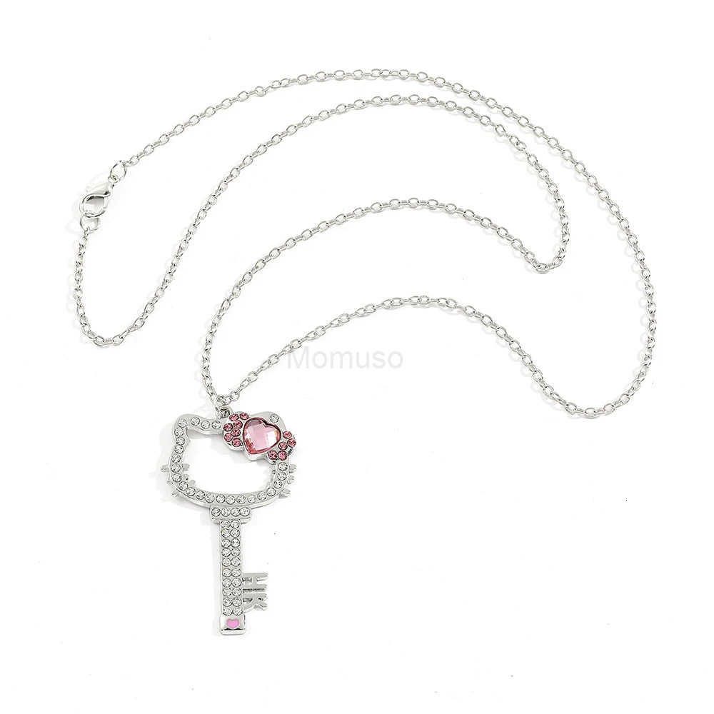 Sanrio Hello Kitty Necklace Anime Pink Peach Heart Crystal Cat Key Pendant Jewelry Gift for Fans L250925